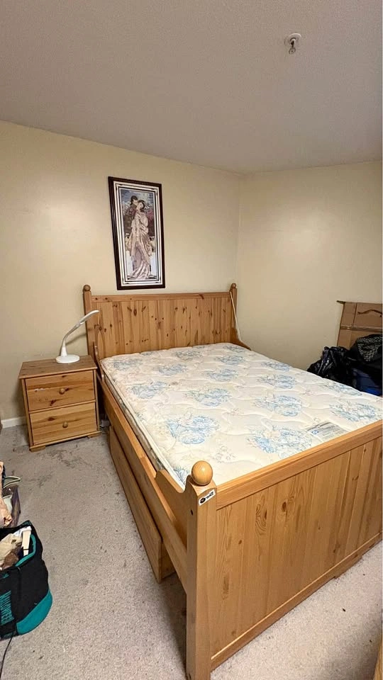 Pine Wood Bedroom Set with Bed Frame, Mattress, and Nightstand
