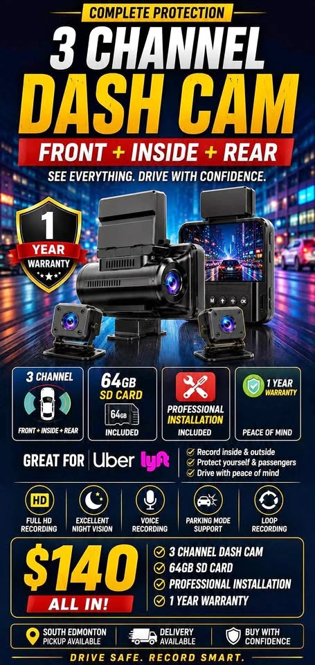 3 Channel Dash Cam – $140 Installed | 64GB SD Card + 1 Year Warr