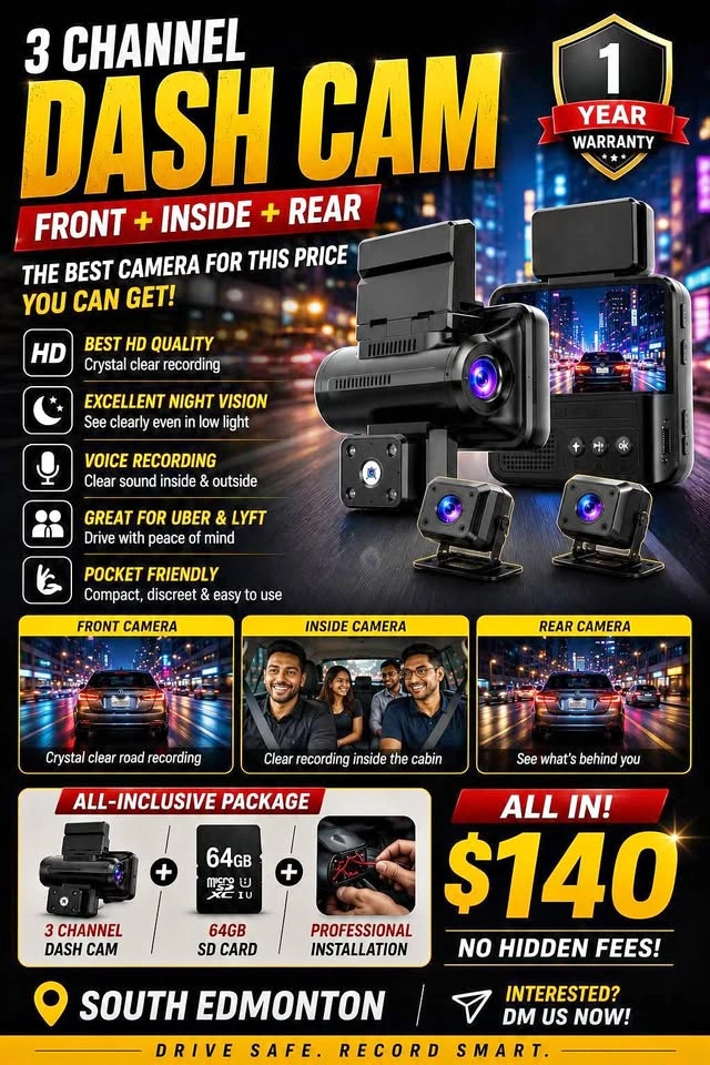 3 Channel Dash Cam – $140 Installed | 64GB Card + 1 Year Warrant