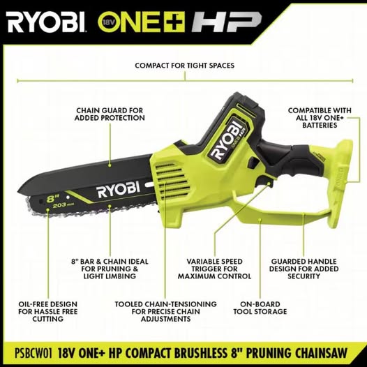 RYOBI 18V ONE+ HP Brushless 8 in. Compact Pruning Mini Chainsaw - photo 3