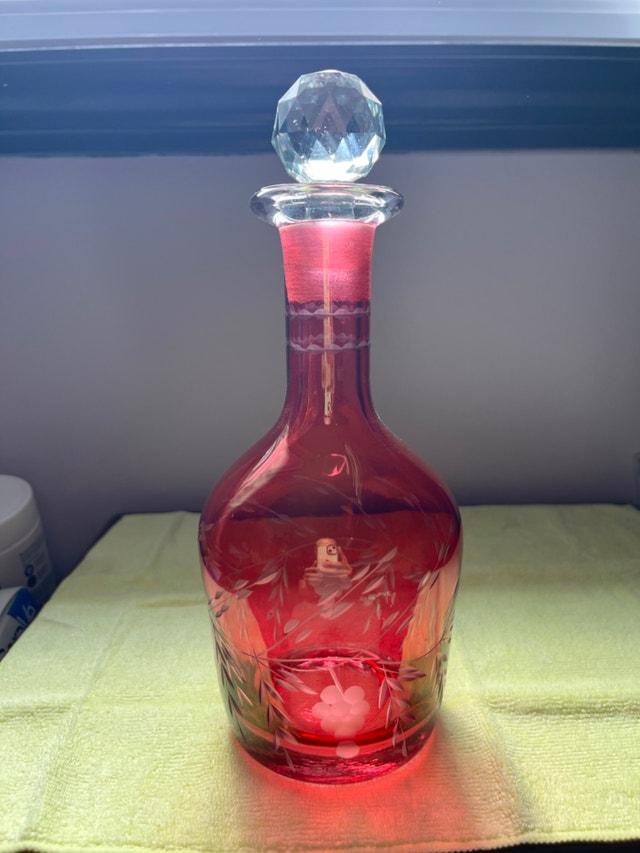 Etched Cranberry Crystal Decanter