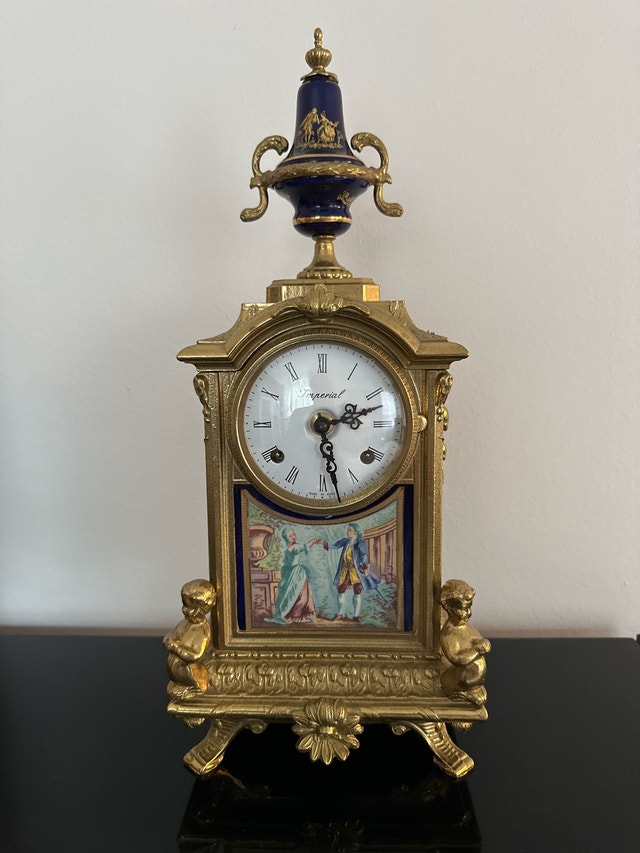 VTG Brevettato Imperial brass and porcelain mantel shelf clock