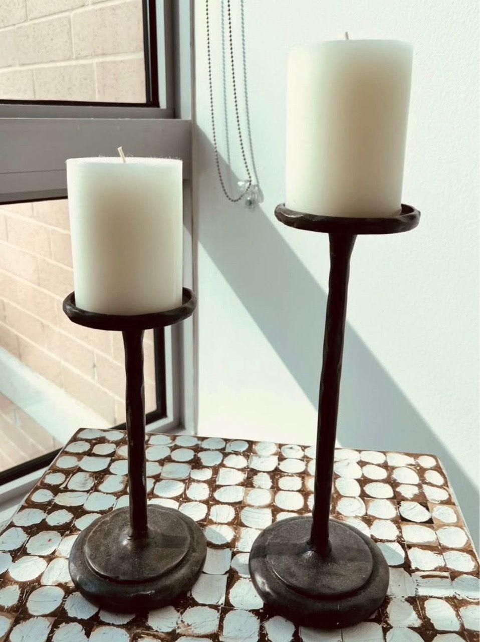 Set of 2 Dark Metal Pillar Candle Holders
