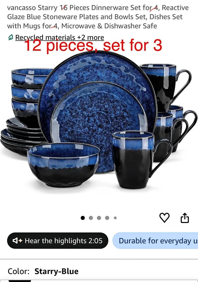 vancasso Starry 12 Pieces Dinnerware Set for 3