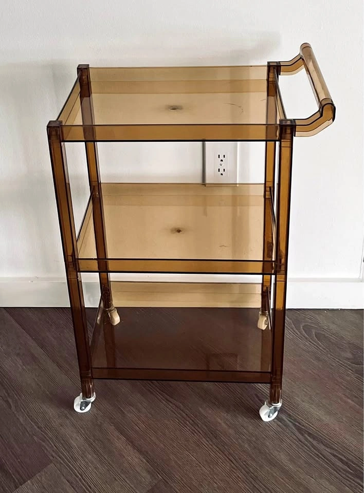 Vintage Amber Acrylic 3-Tier Rolling Bar Cart