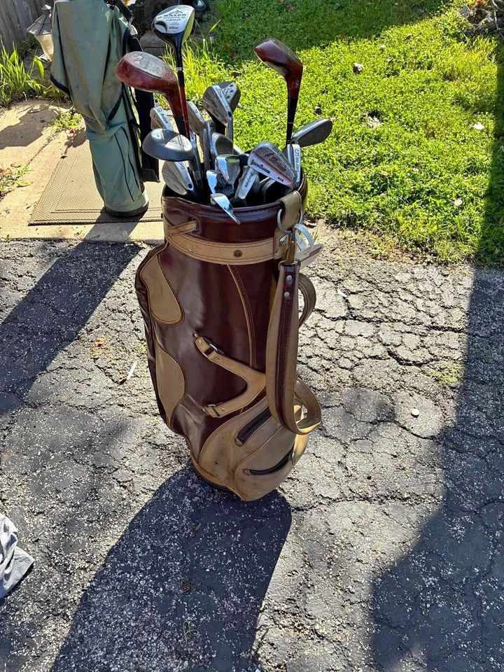 Vintage two-tone brown tan faux leather golf bag and clubs