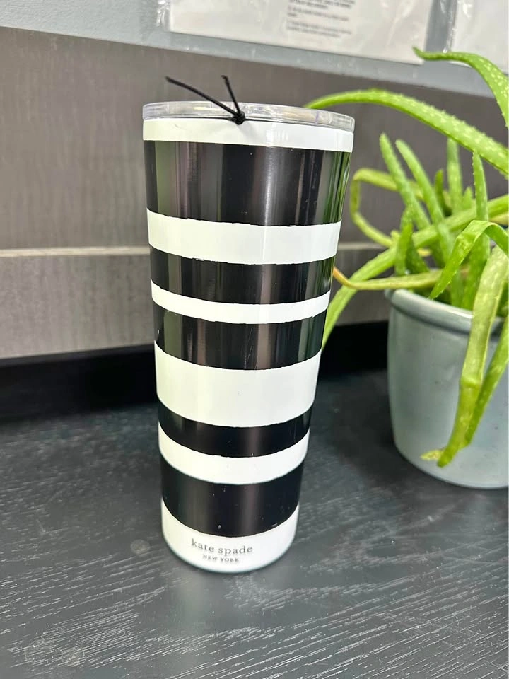 Kate Spade New York Black and White Striped Tumbler with Lid