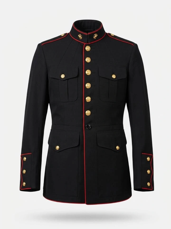 Black Military Style Jacket with Red Piping Gold Buttons USMC
