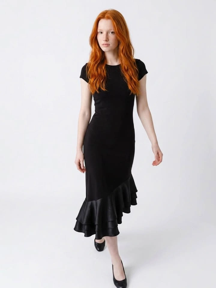 Black Asymmetrical Ruffle Hem Midi Skirt - S