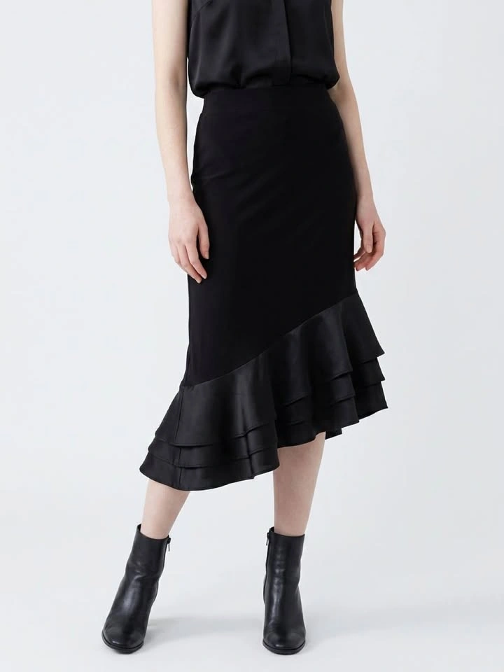 Black Asymmetrical Ruffle Hem Midi Skirt - S - photo 3