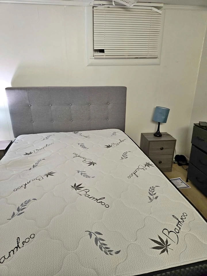 Bamboo Mattress and Grey Tufted Bed Frame