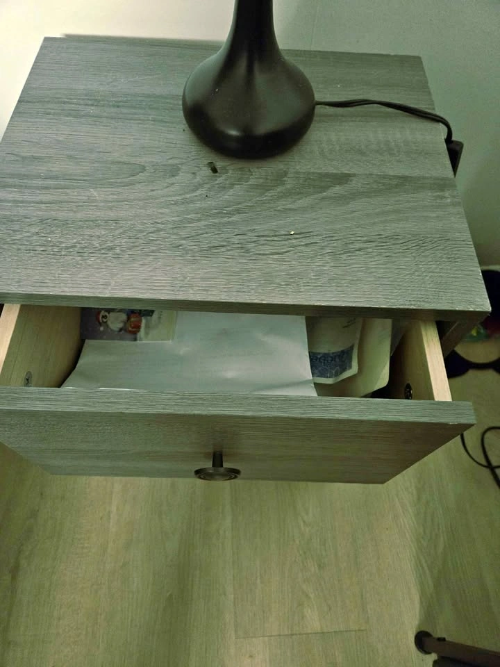 Grey Wood-Grain Nightstand with Drawer