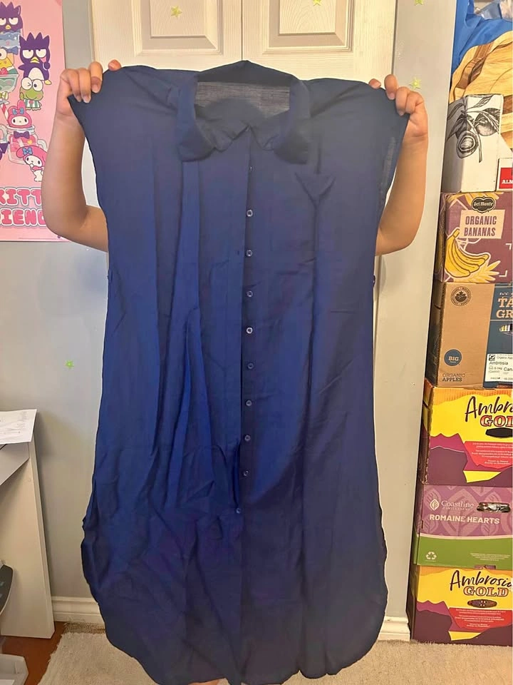 Navy Blue Sleeveless Button-Down Shirt Dress - Size L