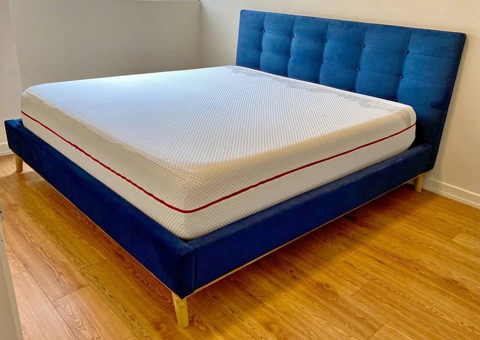 Mid-century modern blue upholstered king bed frame