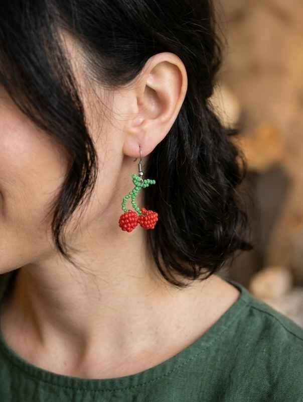 Cute Handmade Cherry Bead Earrings 🍒 Lightweight & Unique - photo 2