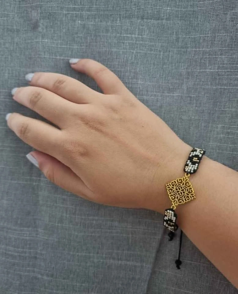 Handmade Elegant Black & Gold Beaded Bracelet - Adjustable Boho - photo 2