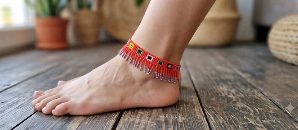 Handmade Boho Beaded Fringe Anklet - Colorful Tribal Red