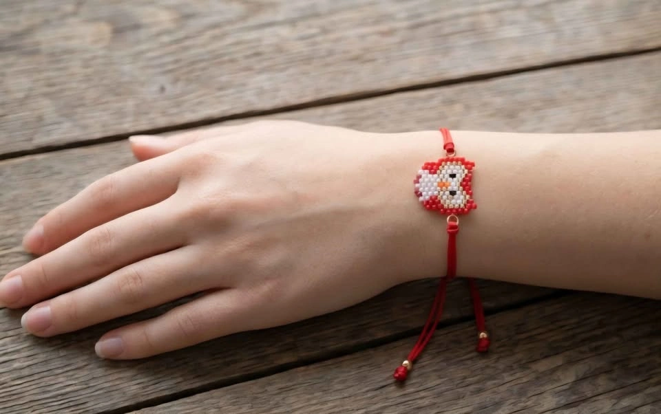 Handmade Red String Owl Beaded Bracelet - Cute Adjustable Charm - photo 2