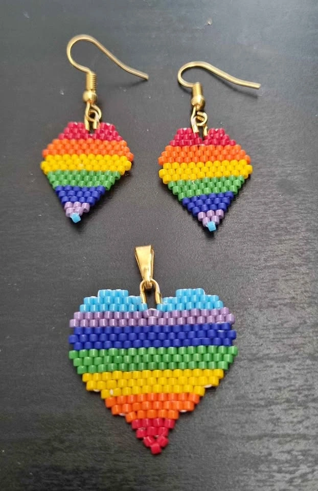 Handmade Rainbow Heart Beaded Jewelry Set - Earrings & Pendant