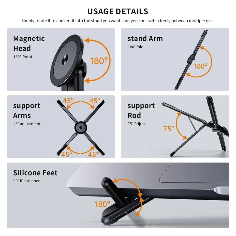 Magnetic Laptop Stand, 3-in-1 Foldable Aluminum Riser, Grey - photo 5