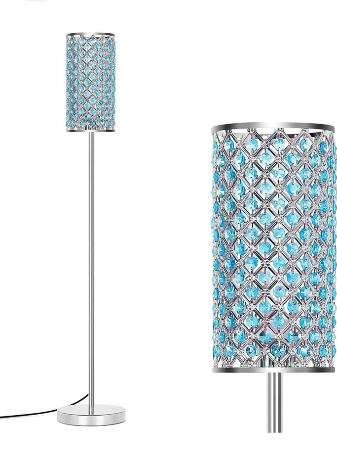 Crystal Floor Lamp, Silver Tall Pole Lamp with Teal Shade