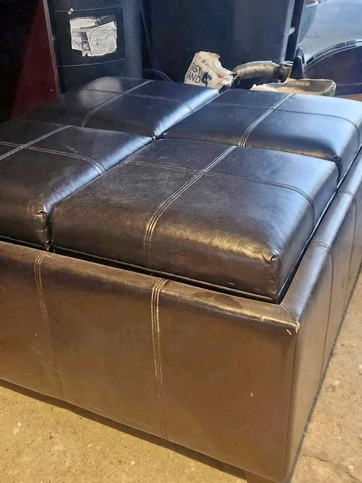 Faux black leather ottoman with serving trays