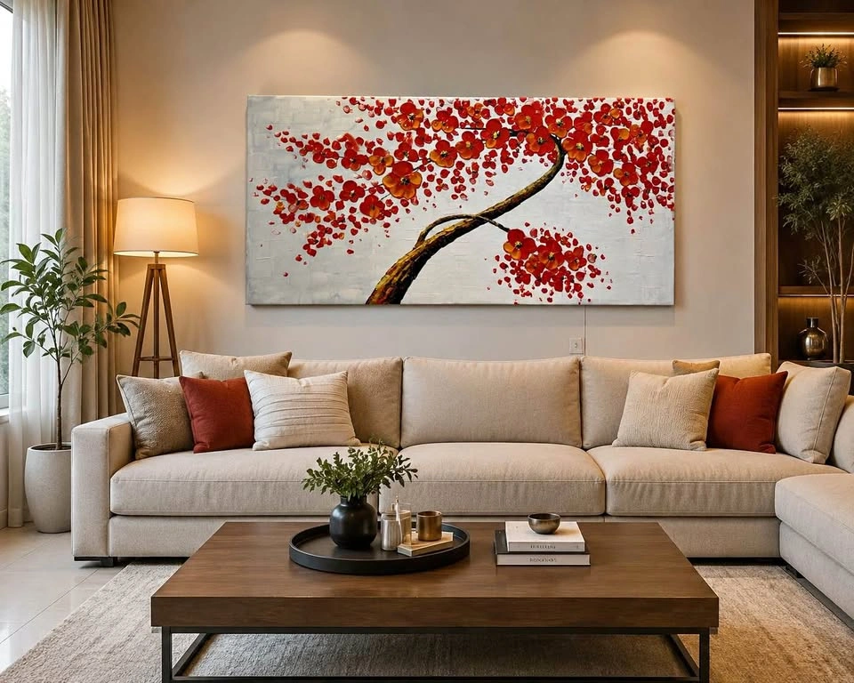 Red Blossom Tree Canvas oil painting. 27“x60”