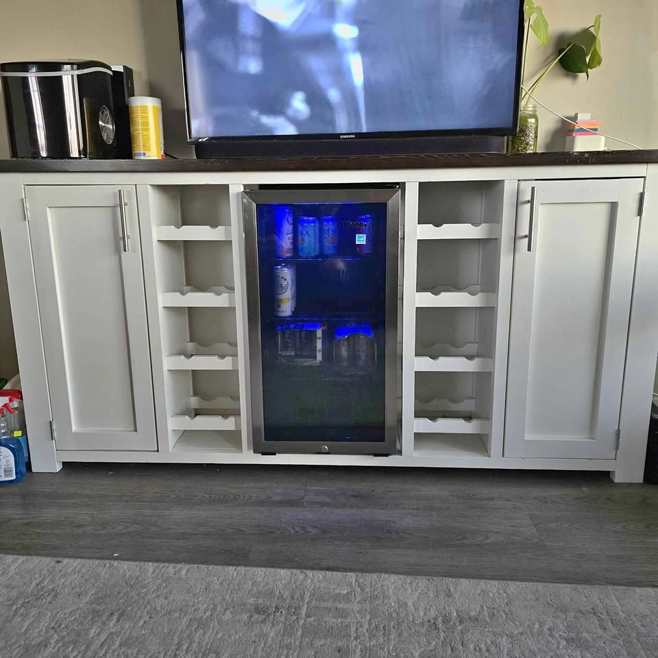 Custom Made Solid Wood Bar with Beverage Fridge and Wine Racks
