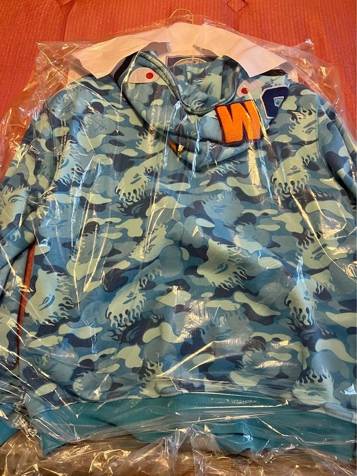 Blue fire camo shark zip up BAPE hoodie XL