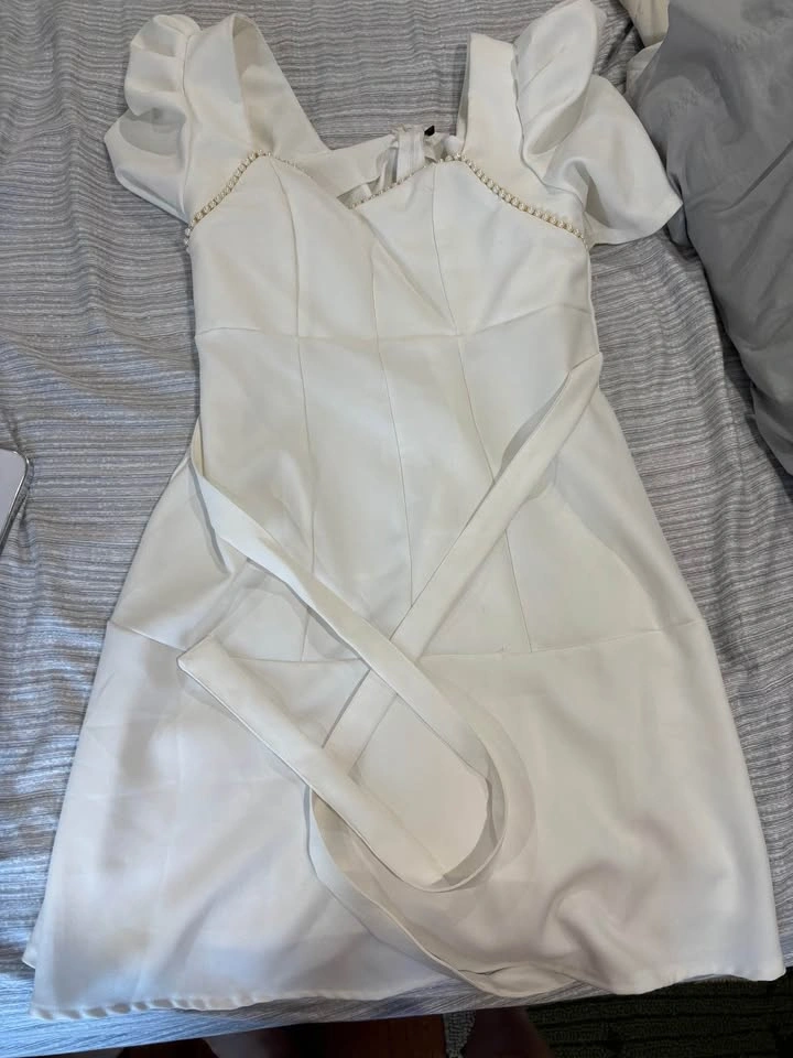 Women’s formal white dress with gold and pearl accents, poofy sl - photo 3