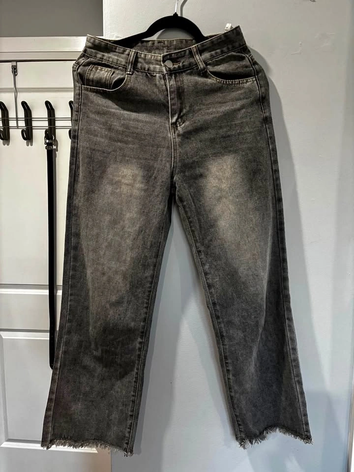 Gray straight leg high waisted jeans