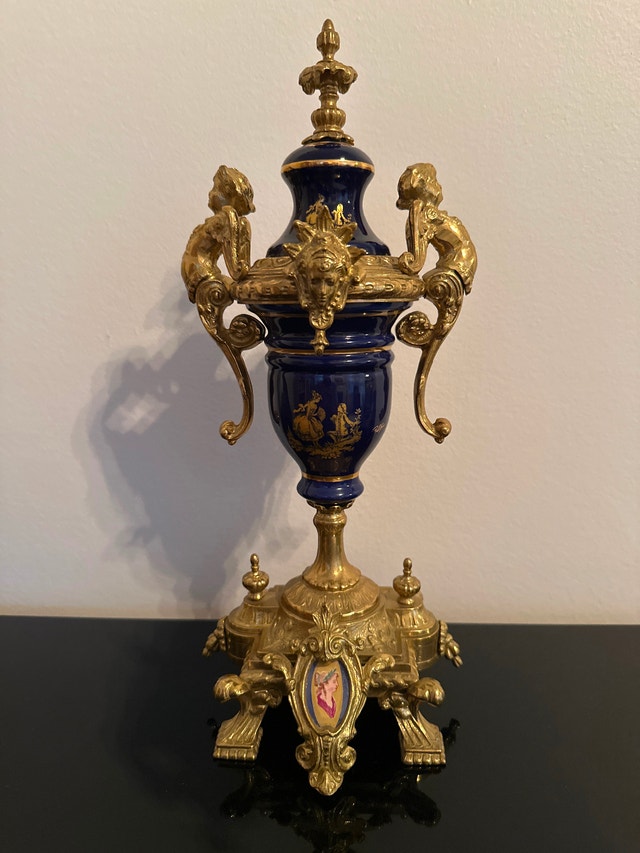 Louis XVI style bronze and cobalt blue porcelain urn, Brevettato