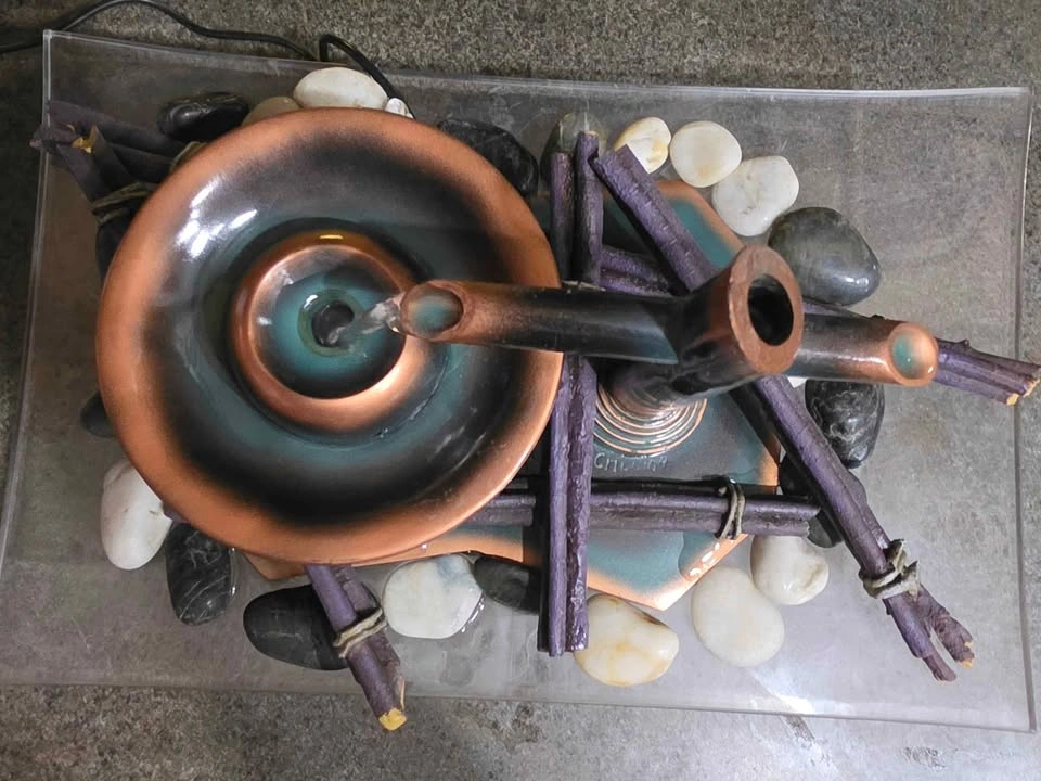 Zen tabletop water fountain on bed of river stones, bundle ties - photo 4