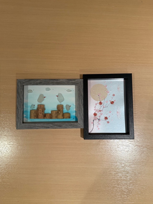 Framed Sea Glass and Cherry Blossom Wall Art Decor