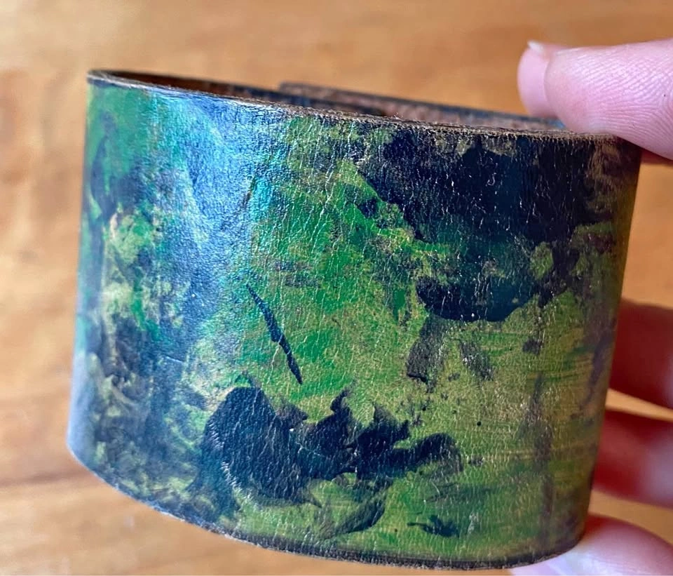 Upcycled Leather Camo Cuff Bracelet. Camouflage. 7”