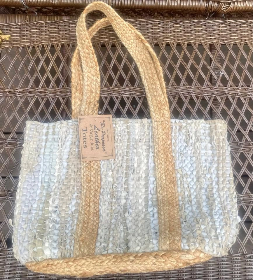 NEW with tags Handwoven Recycled Leather & Virgin Jute Tote