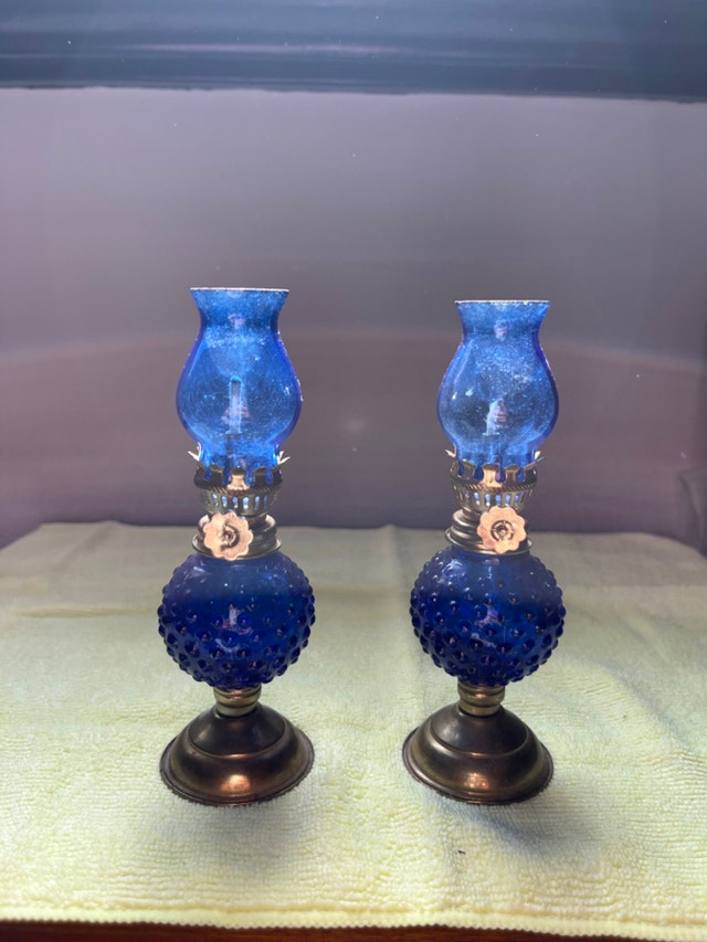 Vintage Pair Of Cobalt Blue Miniature Oil Lamps Made in Hong Kon