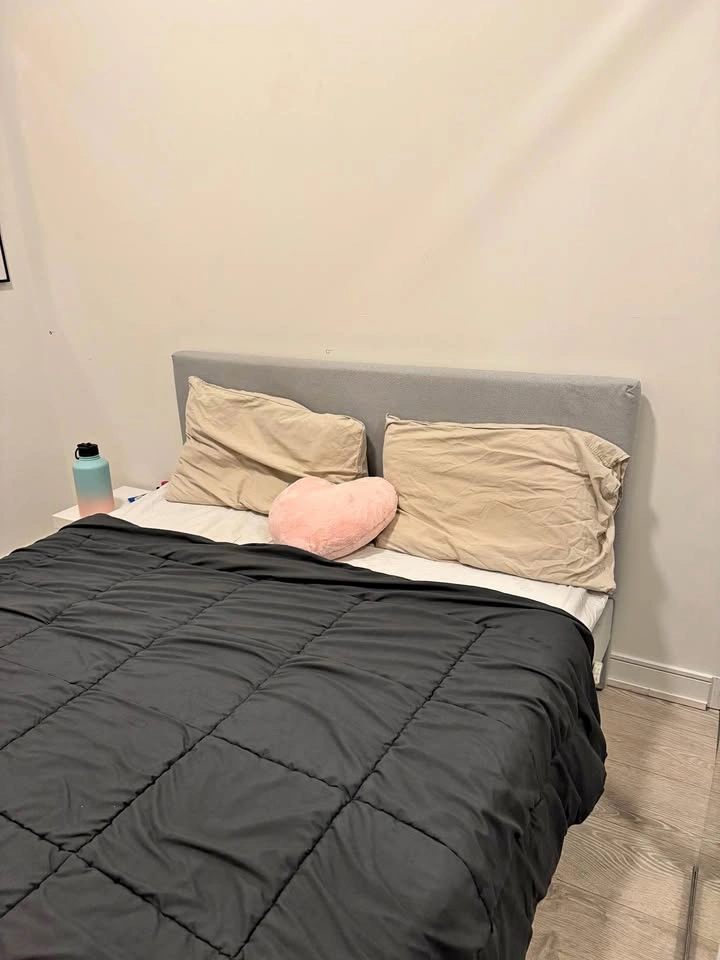Queen size Grey Upholstered Bed Frame + White Bedside Table