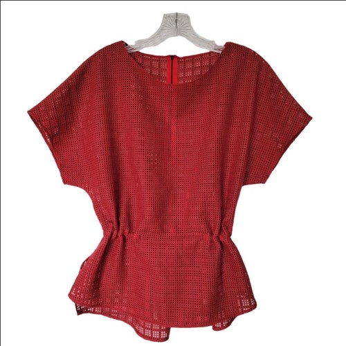 AKRIS Perforated Red Peplum Waist Short Sleeve Top - photo 2