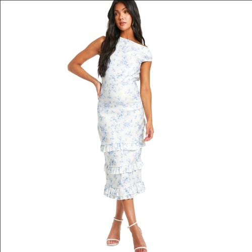 Boohoo Maternity Porcelain White Dress Light Blue Print Size 6