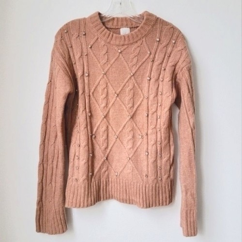 A New Day Cable Knit Embellished Crew Neck Sweater Coral Pink