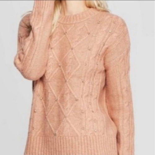 A New Day Cable Knit Embellished Crew Neck Sweater Coral Pink - photo 2