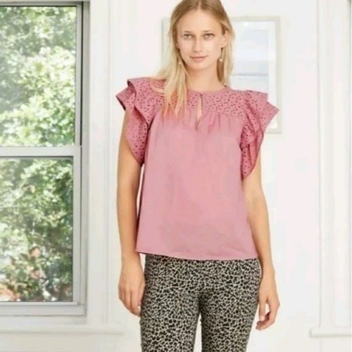 A NEW DAY Eyelet Ruffle Puff Short Sleeve Pink Size XS - photo 2