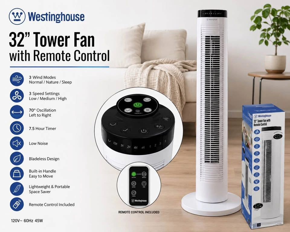 Westinghouse 32” Tower Fan with Remote Control – New - photo 3