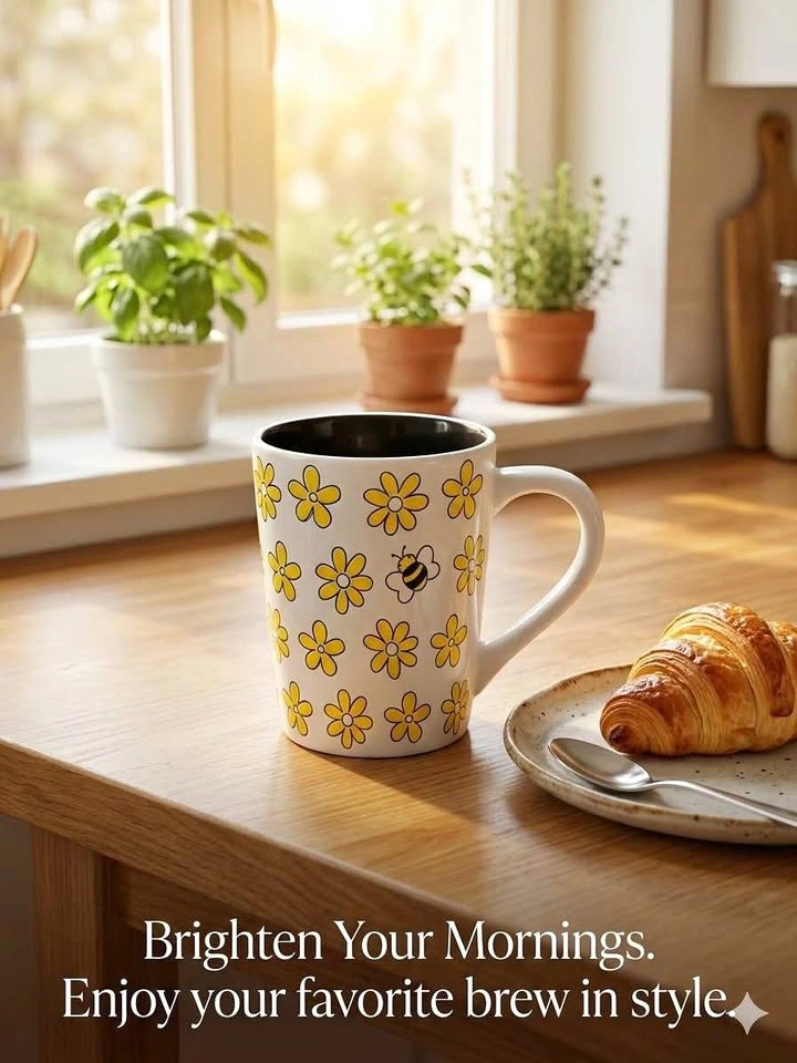 Floral and Bee Pattern Ceramic Coffee Mug