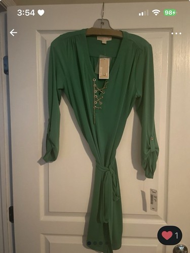 Michael Kors Green V-Neck Chain Accent Belted Shift Dress M