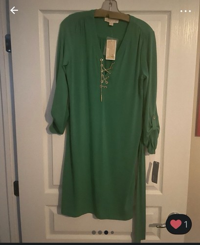 Michael Kors Green V-Neck Chain Accent Belted Shift Dress M - photo 3