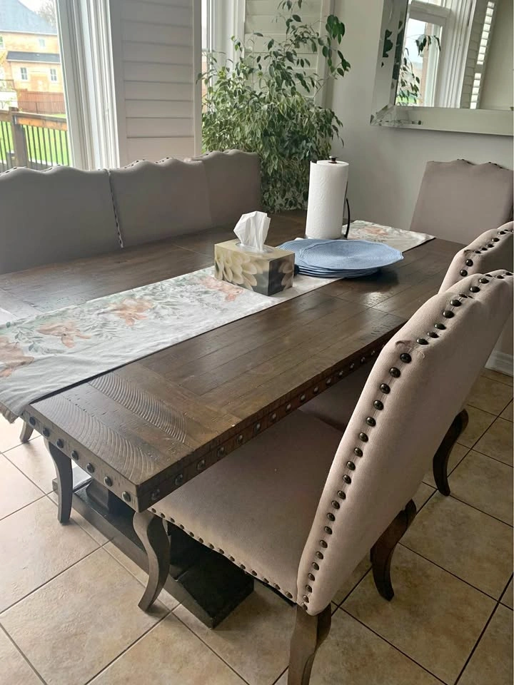 Rustic Wood Dining Table and Upholstered Chairs Set