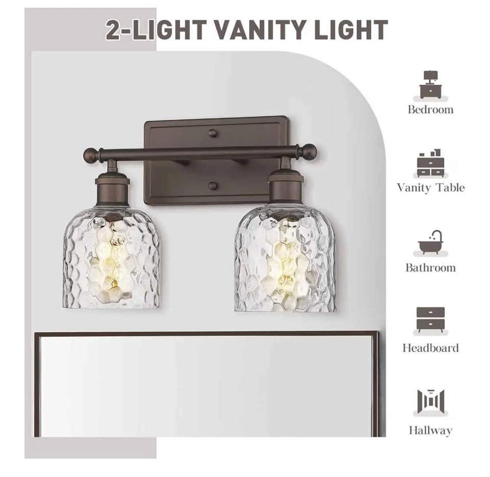 2-Light Bathroom Vanity Light with Clear Hammered Glass, Bronze - photo 3