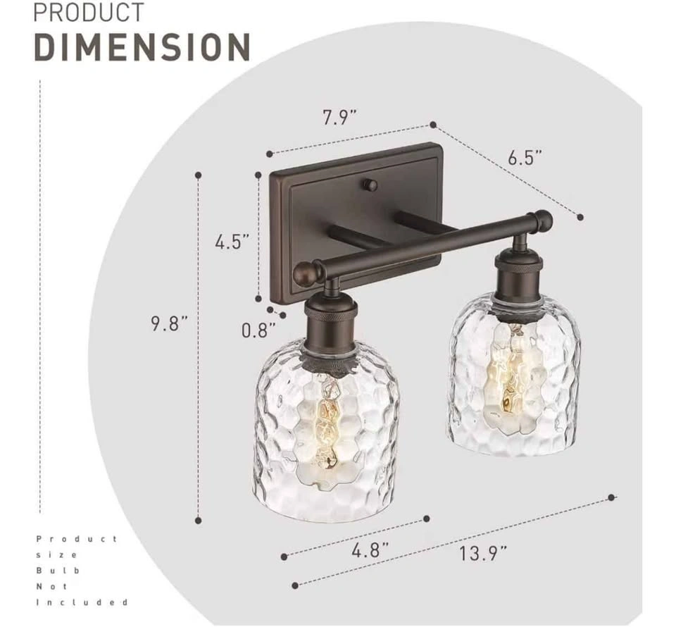 2-Light Bathroom Vanity Light with Clear Hammered Glass, Bronze - photo 4